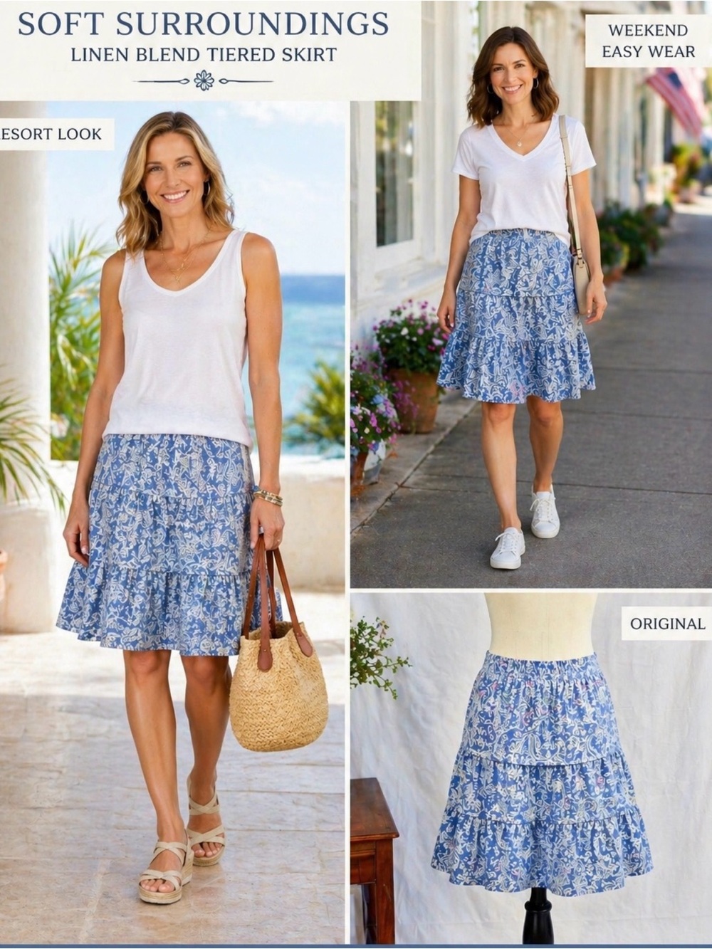 Soft Surroundings Linen Blend Tiered Ruffle Skirt – Blue Floral Paisley Sz M 💚